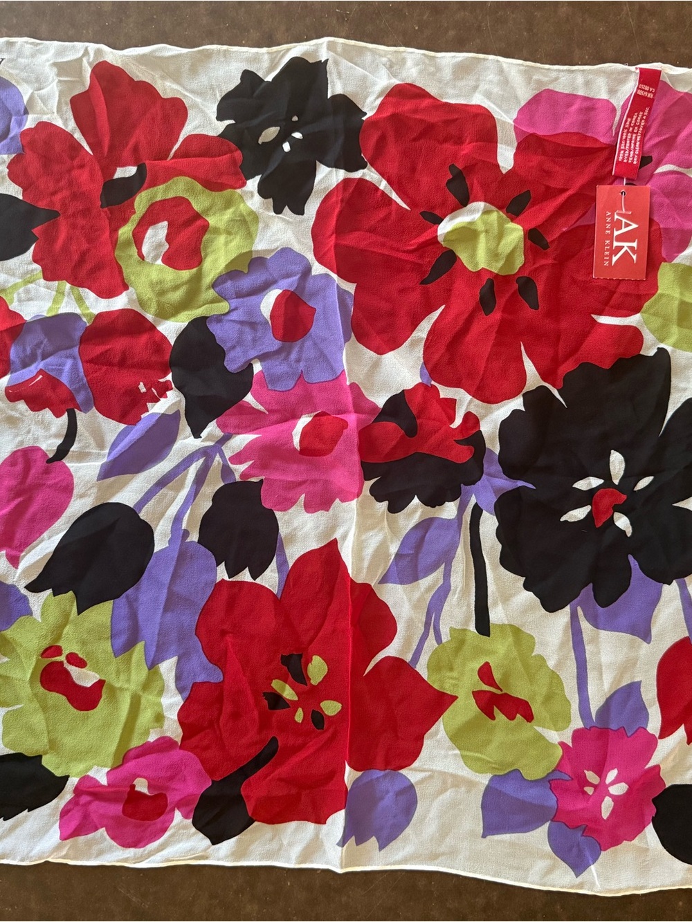 Anne Klein 100% Silk 20”x20” Floral Scarf in Red, Black, Purple, Pink, Green